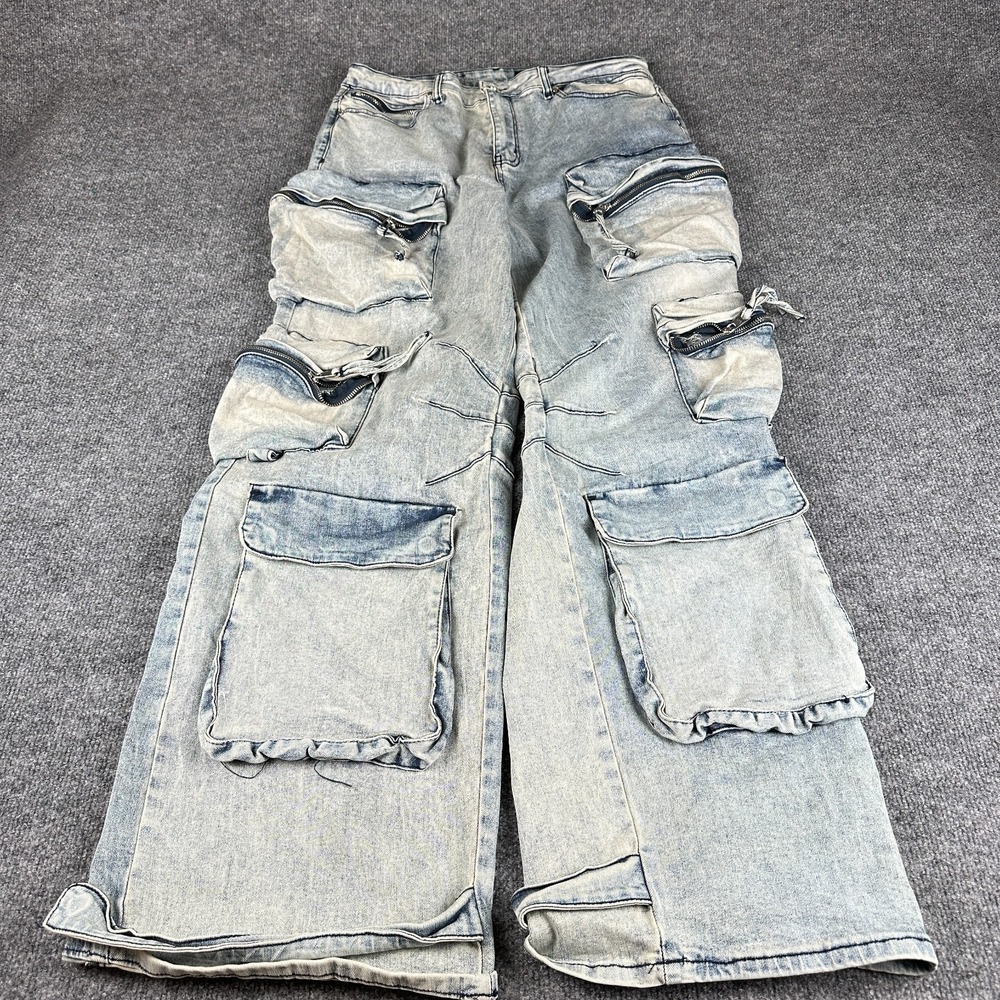 Rockstar Original Mens Acid Wash Baggy Cargo Jeans Size 34 Multi Pocket Y2K